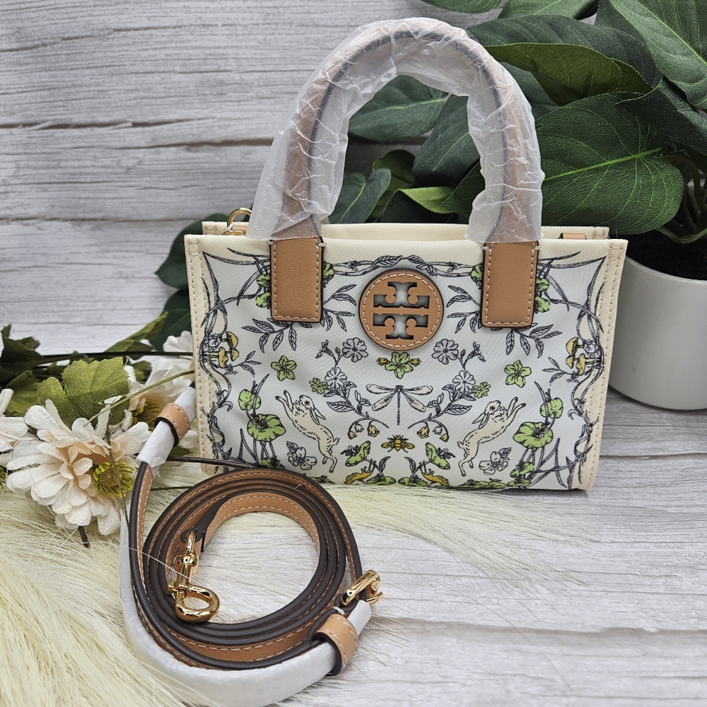 Tory Burch Nylon printed mini crossbody tote meadow nwt Rabbit cream color